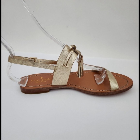 Kate Spade Carlita Sandals Gold Metallic Leather Slingback Flat Tassel - Picture 1 of 8